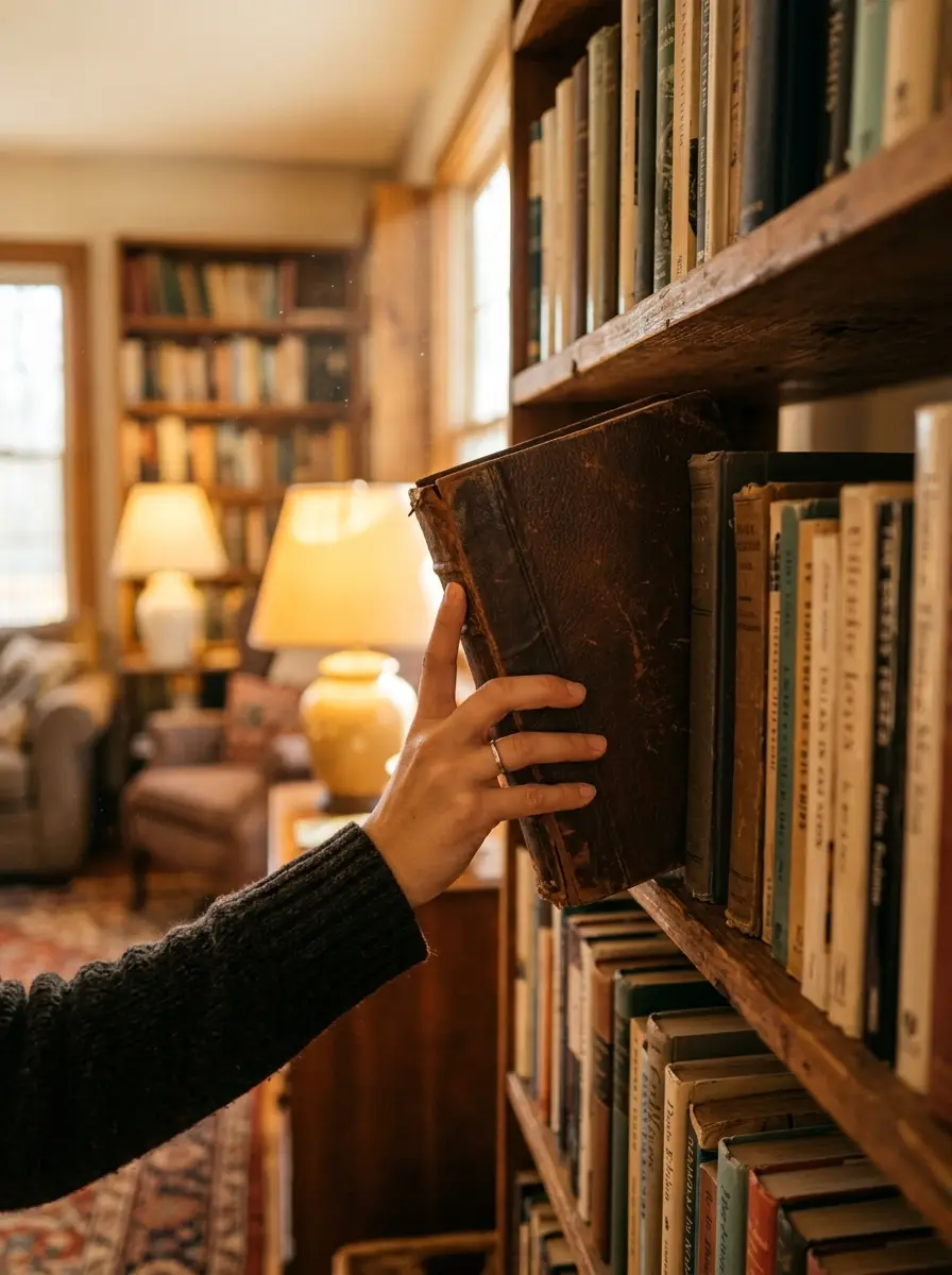 A young person's hand pulling a brown leather book off a home bookshelf